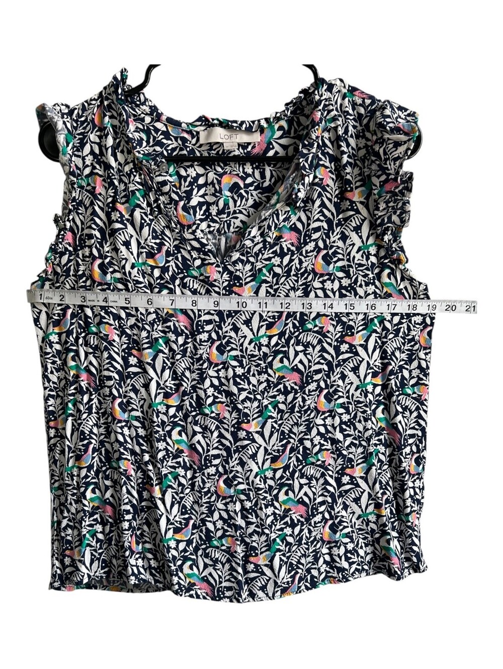 LOFT - Navy Tropical Bird Floral Ruffle Sleeveless Blouse - M - Picture 4 of 8